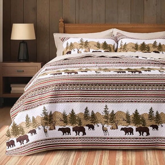 NEW! 3-Piece Lodge Bed Cover Quilt with 2 Pillow Shams for All Season, Brown - Picture 2 of 6